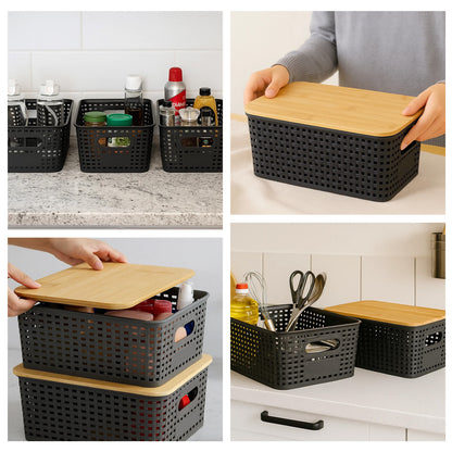 6-Pack Black Stackable Storage Bins with Bamboo Lids – Modern Lidded Plastic Boxes for Kitchen, Bathroom, Office, or Wardrobe Organization