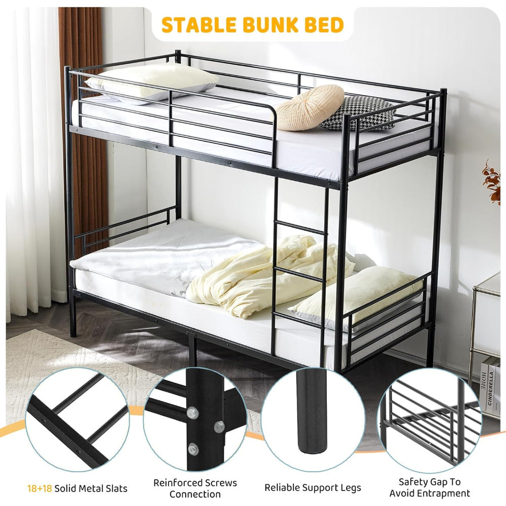 Adult Bunk Bed, Sturdy Twin Over Twin Metal Structure Featuring an Integrated Safety Ladder, Complete Guardrails, Underbed Storage Space, Black Coating