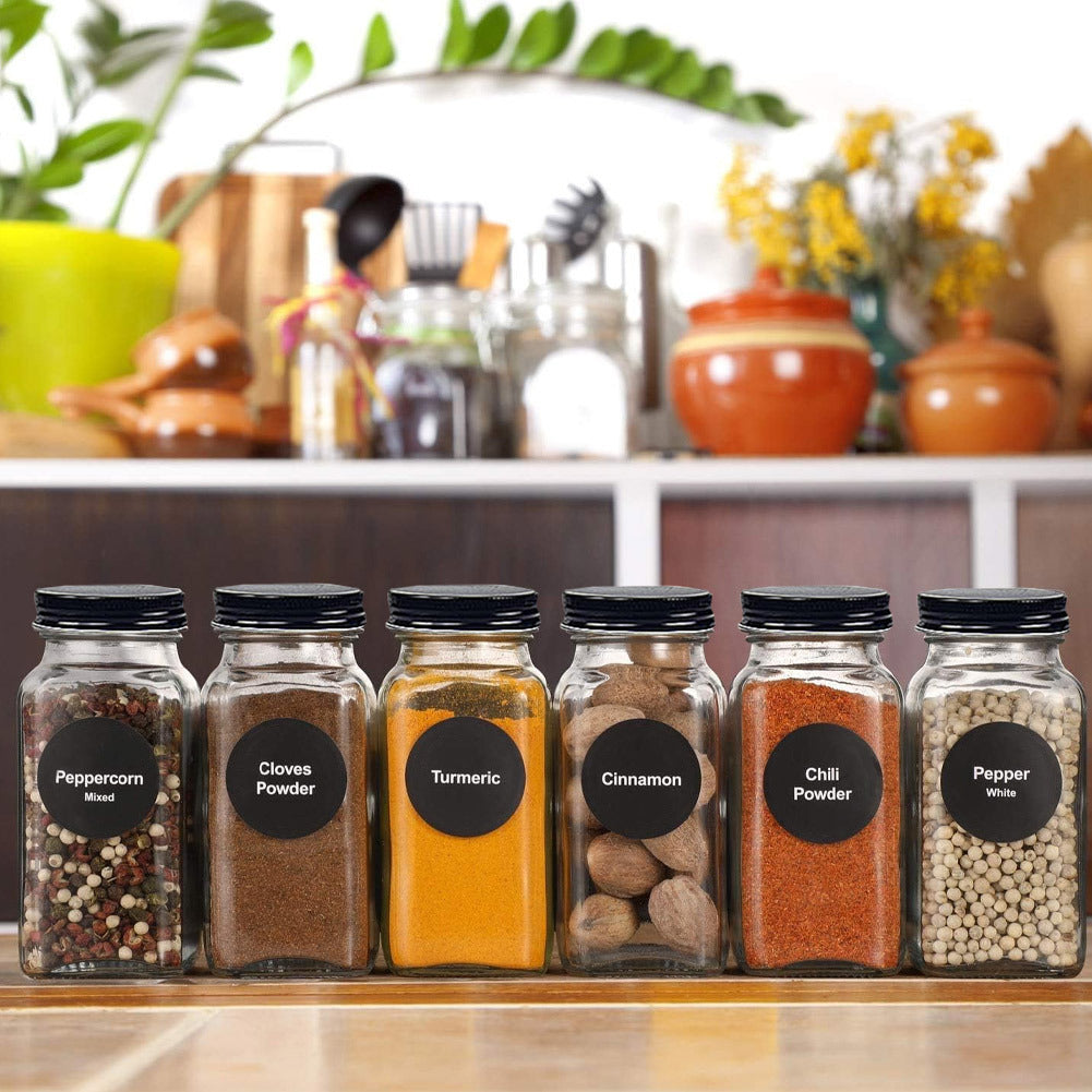 24pcs Glass Spice Jars with Lids, 120ml Spice Storage Jars Seasoning Container Reusable Salt Pepper Shaker with Airtight Lid Labels, Pen, Funnel for Spice, Black, Kitchen and Seasoning