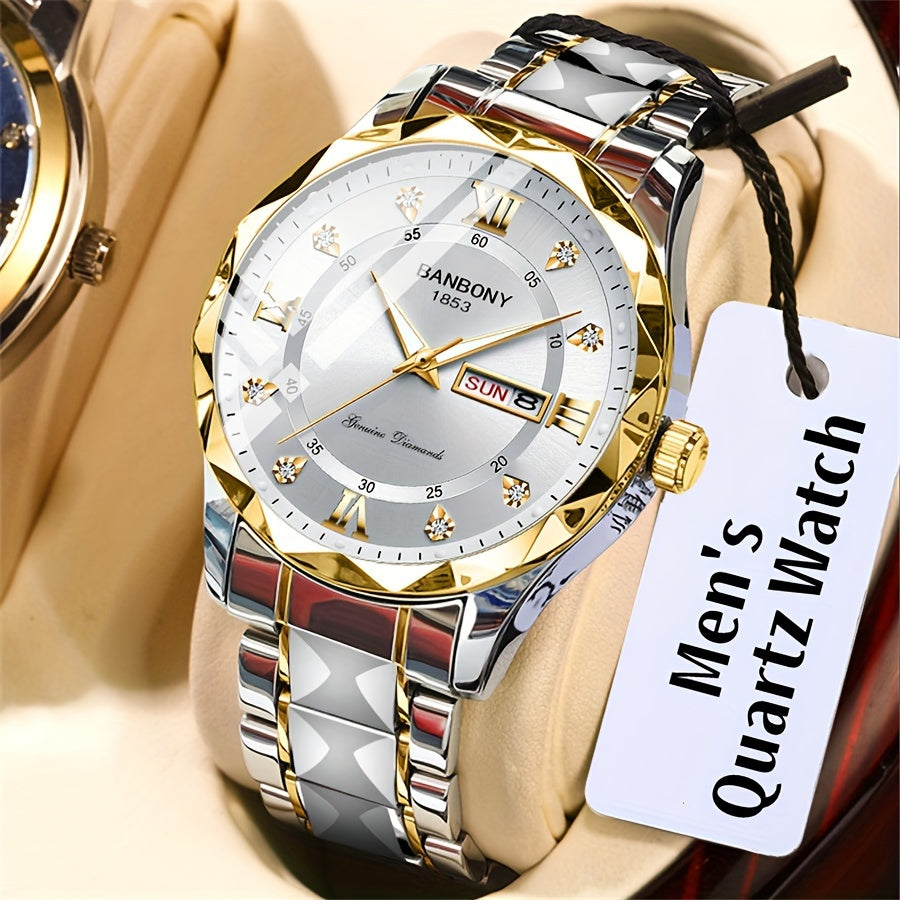 1 New Stainless Steel Men'S Quartz Watch with Roman Numerals, Rhinestone Dial, Date Calendar, Trendy Minimalist Luxury Brand, Luminous Sports Casual Business Multi-Functional Watch - Ideal Birthday Gift and Holiday Present, Elegant Watch For Men, Watch Fo