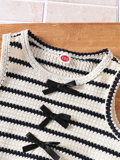 2pcs Set. Girls' Vest And Shorts Outfit, Bow Detail, Striped Knit Jacquard. Easy Fashion Design, Suitable for 1-8 Year Old Girls' Daily Casual Sports, Summer Outfit, As a Gift for Girls. Suitable for Outdoor