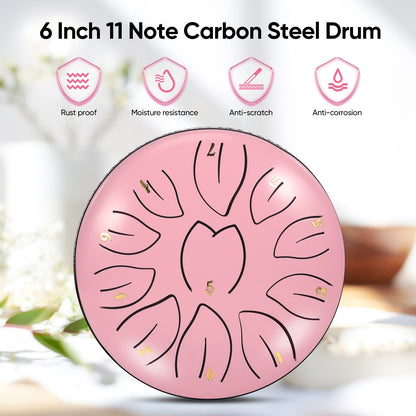 Steel Tongue Drum 11 Note 6 Inches D-Key Rain Drums for Garden,Handpan Drums with Music Book, Mallets and Carry Bag,Percussion Instrument Gift for Meditation Musical Education Mind Healing