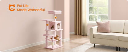 112 cm Cat Tree, Multi-Level Soft Plush Cat Tree, Cat Tower Condo with 4 Cat Scratching Posts, Hammock, Cave, Platform, Toys, Pink/White/Beige/Grey, Easy Assembly and Sturdy, Indoor Cat Furniture