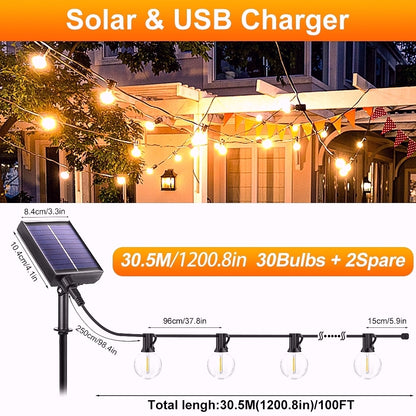 15.25m/20.13m/30.49m G40 Solar Light String, Ip44 Waterproof Outdoor Solar Light Chain/Crystal Fairy Light, With Remote Control And Adjustable Brightness, Ideal For Decorative Lighting In Gardens, Terraces, Balconies, Barbecues, Parties, And Corridors