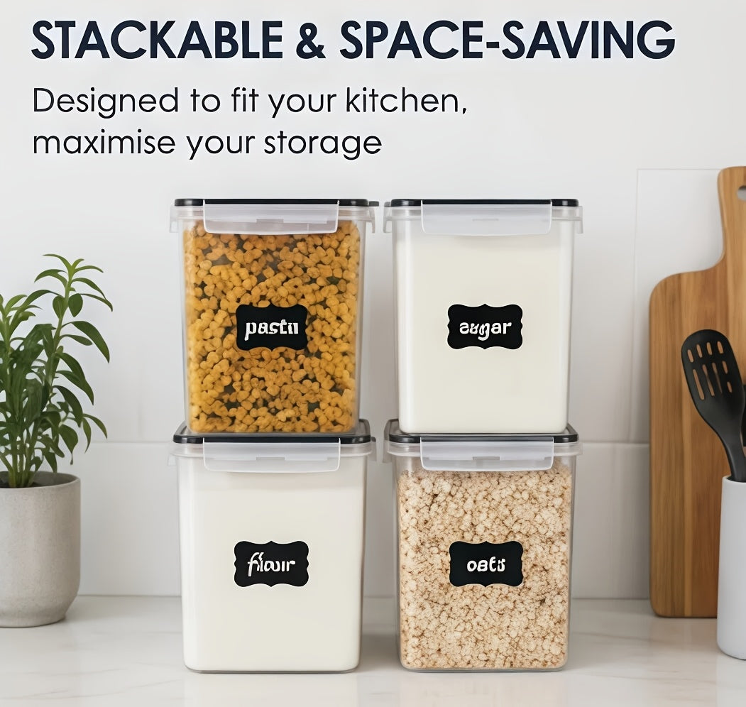 4 Pack Sealed Jars, Large Food Storage Containers, Plastic Airtight Canisters For Flour, Sugar, Baking Supplies, Pasta, Rice With Lids, 4 Measuring Cups And 24 Labels, Black