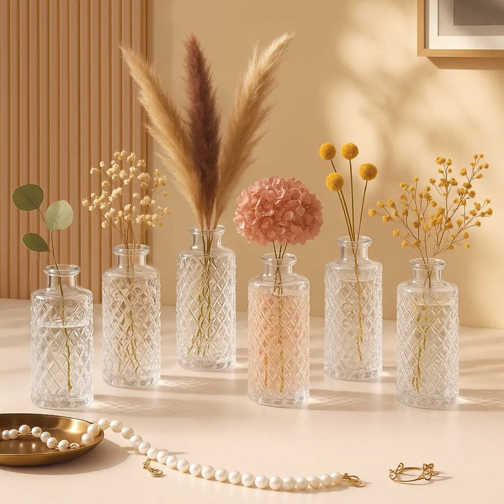 A set of 12 glass bud vases, small retro glass vases, minimalist retro dining table center decorations, home decor, wedding parties, restaurants, floral arrangements, tea lights, candle holders, desktop decorations