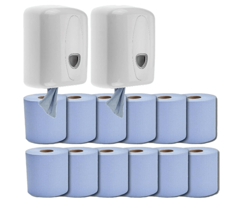 2 Blue Centrefeed Dispensers with 12 Blue Paper Rolls – Wall-Mounted Wiping & Drying Solution