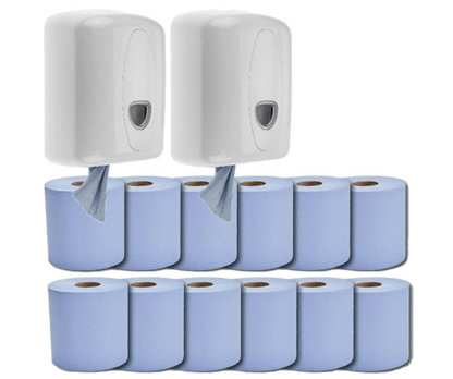 2 Blue Centrefeed Dispensers with 12 Blue Paper Rolls – Wall-Mounted Wiping & Drying Solution