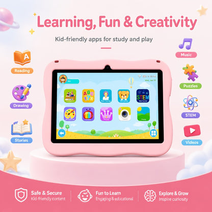 Kids Tablet 7 Inch Android 13 4GB RAM 32GB ROM WiFi Bluetooth Long Battery Protective Case Safe Educational Entertainment Children Tablet Playful Design
