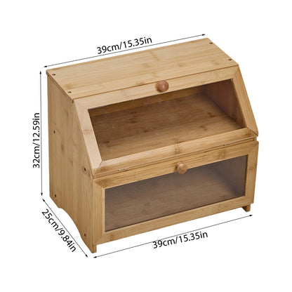 Double Layer Bamboo Bread Box Bread Bin with Transparent Window, Suitable for Kitchen and Dining Room, Pantry Organization Keeps Bread, Fruits, Snacks Fresh, Natural/Black