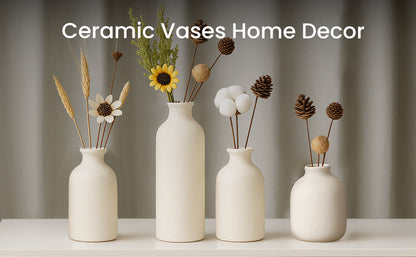 Set of 3 Small Ceramic Vases for Home Decor Table Centrepieces Rustic Farmhouse Style, Mini Decorative Vases (White)