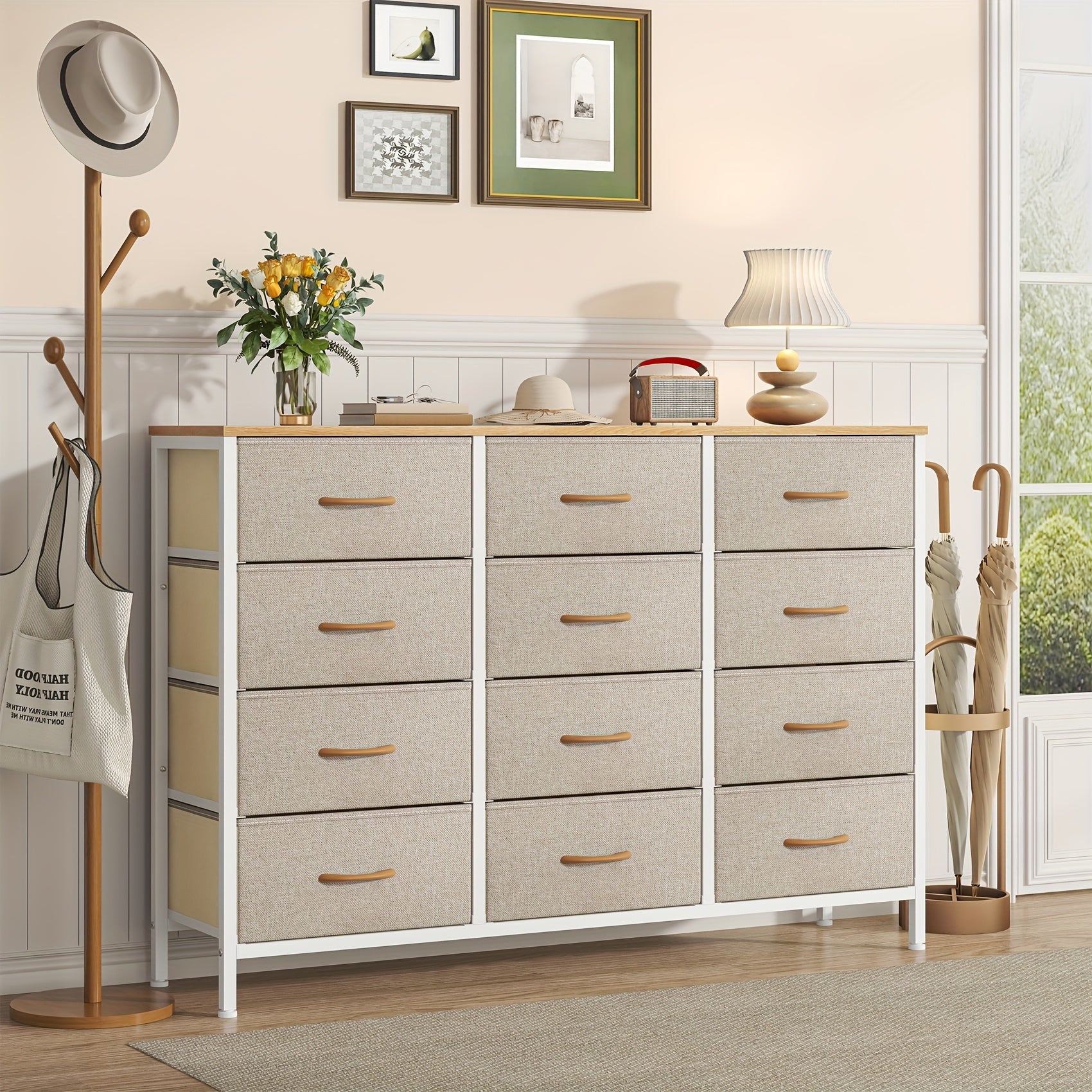 Fabric Drawer Unit with Metal, Twelve-Drawer Storage Chest Metal Frame - Beige option
