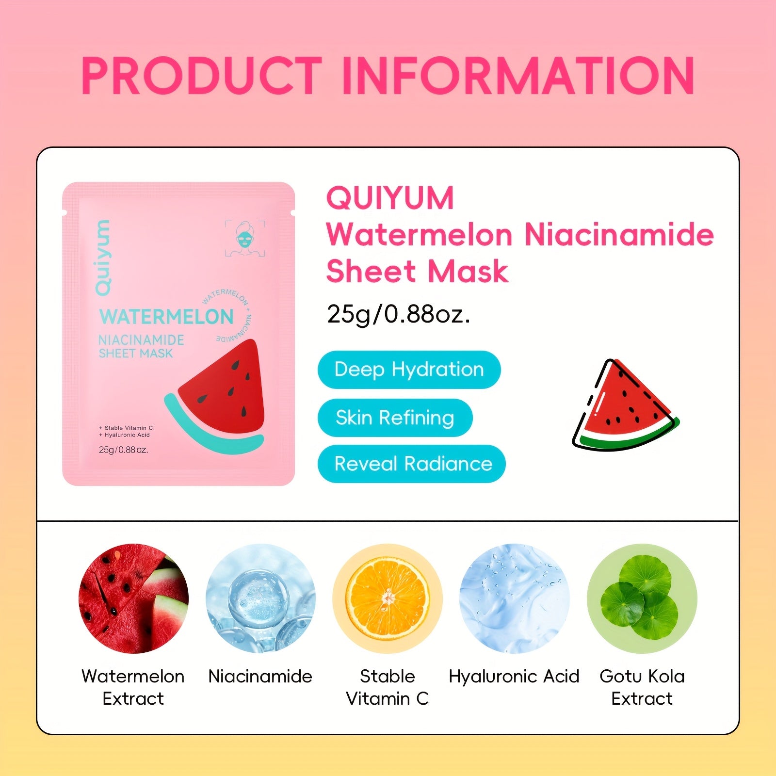 Face Sheet Mask with 20 Pack, 20pcs, Masks QUIYUM Watermelon Niacinamide - product gallery image 2