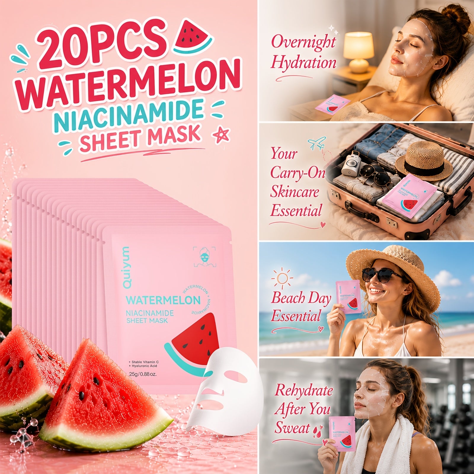 Face Sheet Mask with 20 Pack, 20pcs, Masks QUIYUM Watermelon Niacinamide