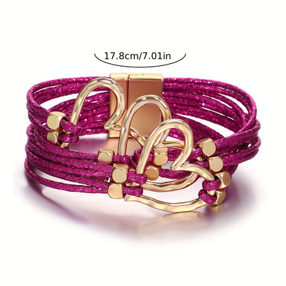 Big Love Heart Braided Faux Leather Bracelet Women'S Glitter Filled Bangle Jewelry Valentine'S Day Gift Birthday Gift