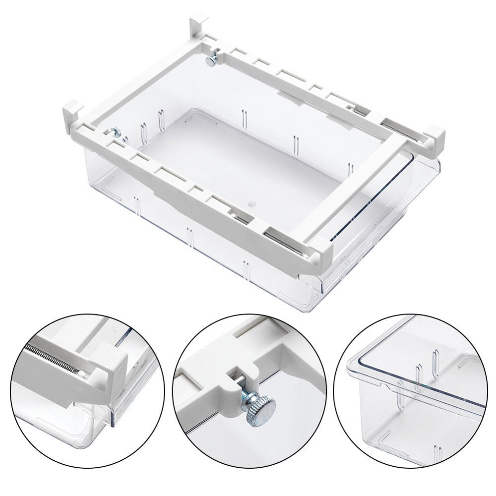Fridge Organiser Pull-Out Drawer – Clear Under-Shelf Refrigerator Storage Box with Sliding Rail, Stackable Space-Saving Bin for Kitchen Fridge, Freezer & Cabinet, Fits 30-44cm Shelves, 30.5 x 20 x 9.5cm