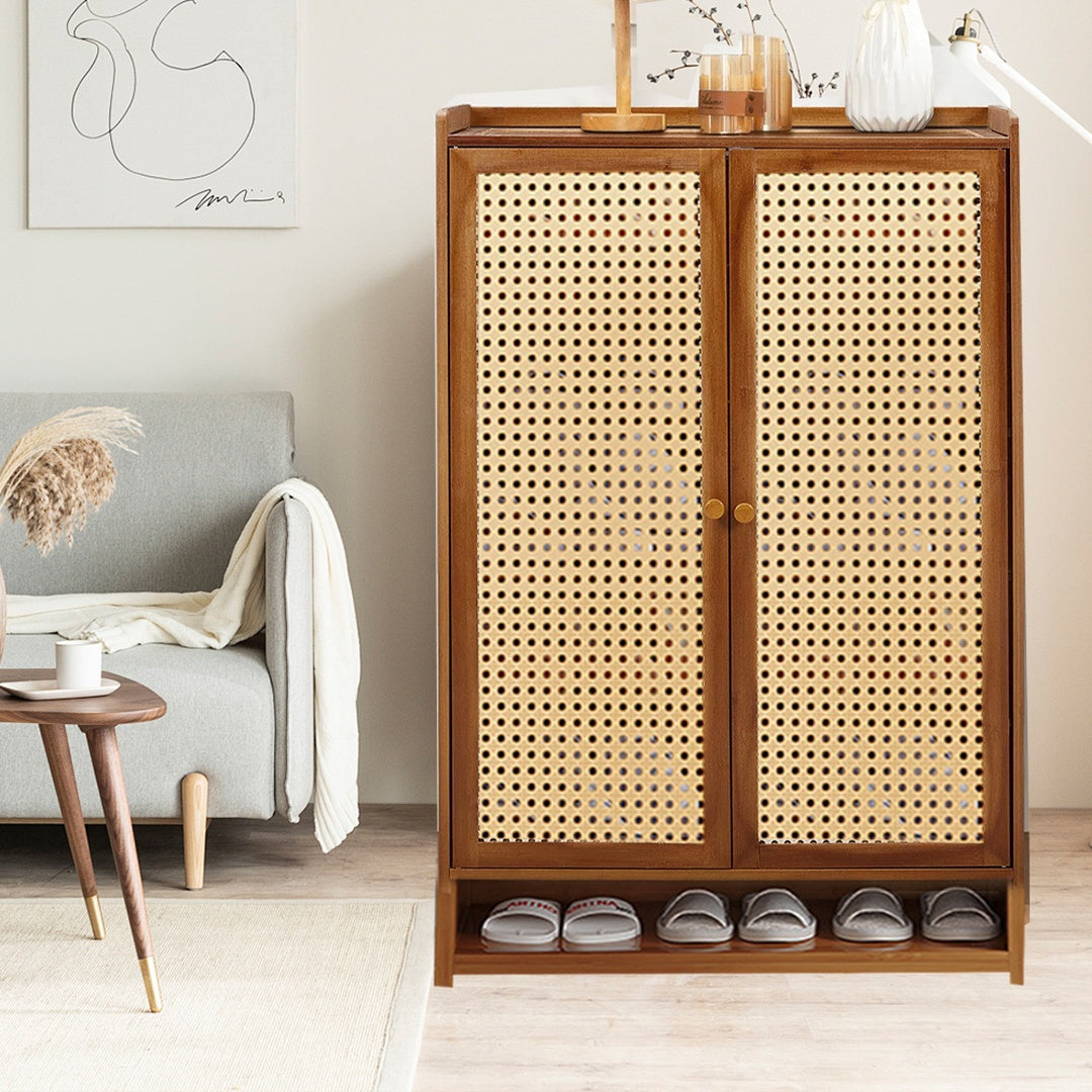 Shoe Cabinet Storage Cupboard Footwear Stand Rack Wooden Double Rattan Doors UK