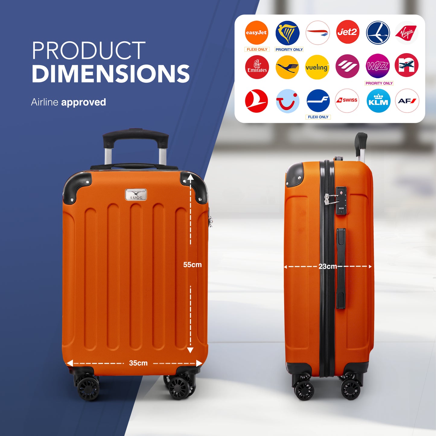 LUGG 55x35x23cm Skywander Lightweight Travel Cabin Bag Carry On Approved Suitcase ABS Shell Protection Water Resistant & Safe Locking System Easyjet Overhead Compliant (20inch)