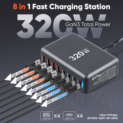 320W GaN III USB-C Fast Charger, 8-Port PD Multi-Device Charging Station, Wall Power Adapter for Laptops, Phones, Gaming Devices