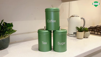 ADEPTNA 3pcs Tea Coffee Sugar Canister Set Airtight Metal Kitchen Storage Jars with Lids Durable Round Food Containers Easy Clean, Minimal Modern Design for Home, Office & Camping