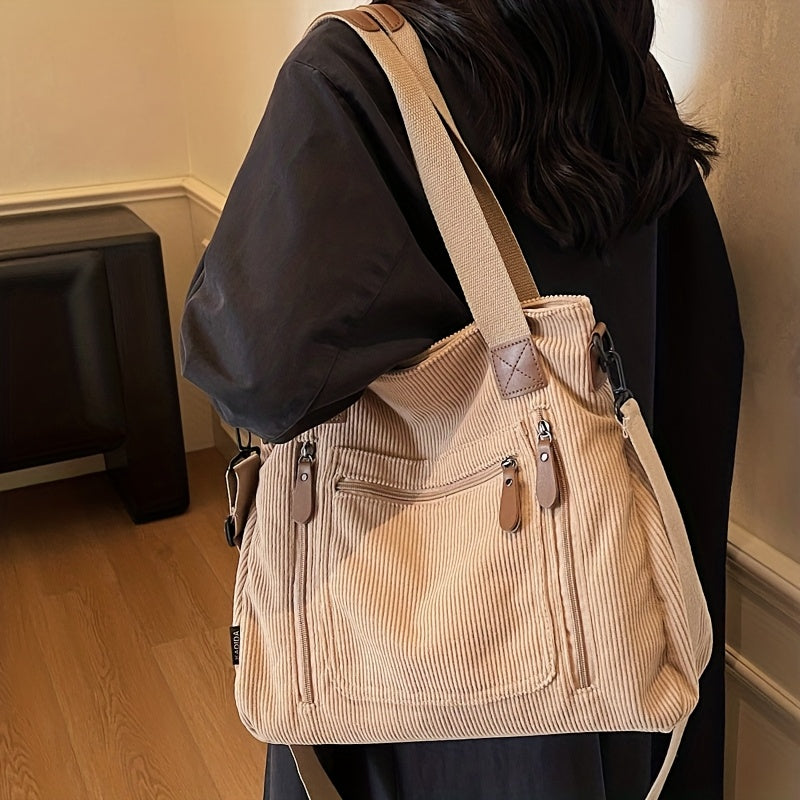 Corduroy Tote Bag Women Large Capacity – Adjustable Shoulder Strap, Multi-Pocket Crossbody Handbag for Work, Shopping & Daily Commute | Beige Vintage Style