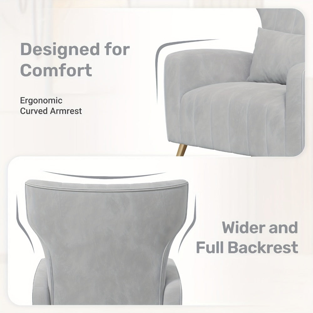 Velvet Armchair Wing Chair with Cushion & Pillow | Golden Metal Legs Padded Ergonomic Seat | Lounge Reading Reception Chair | Grey Beige Black | Living Room Bedroom Office