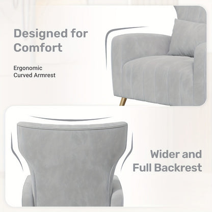Velvet Armchair Wing Chair with Cushion & Pillow | Golden Metal Legs Padded Ergonomic Seat | Lounge Reading Reception Chair | Grey Beige Black | Living Room Bedroom Office