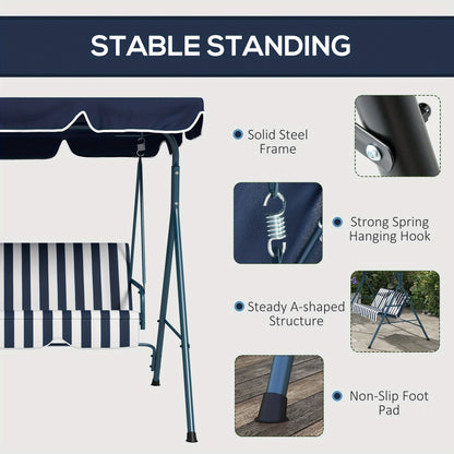 Three-Person Swing Chair Featuring an Adjustable Canopy, a Garden Swing Seat with a Steel Frame, And a Padded Seat in Blue And White