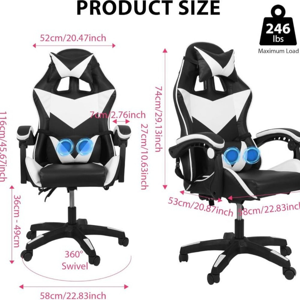 Gaming Chair with Footrest & Lumbar Support – Ergonomic Reclining Office Chair with Optional Massage, 120kg Capacity, High Back Swivel