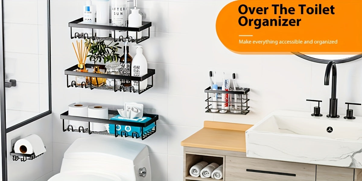 Shower Caddy, Bathroom Shower Organizers, Black Shower Shelves for Inside Shower with Soap Caddy & Toothbrush Holder, Stainless Steel Wall Rack Baskets Adhesives Mounted(1 And5pcs), Random Color Properties to Choose, Shelves