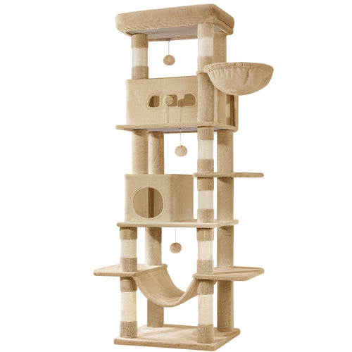 Cat Tree for Indoor Cats, 210cm Large Tall Cat Tower, Multi-Level Cats House with Condo, 8 Scratching Posts, Hammock, 4 Pom Poms