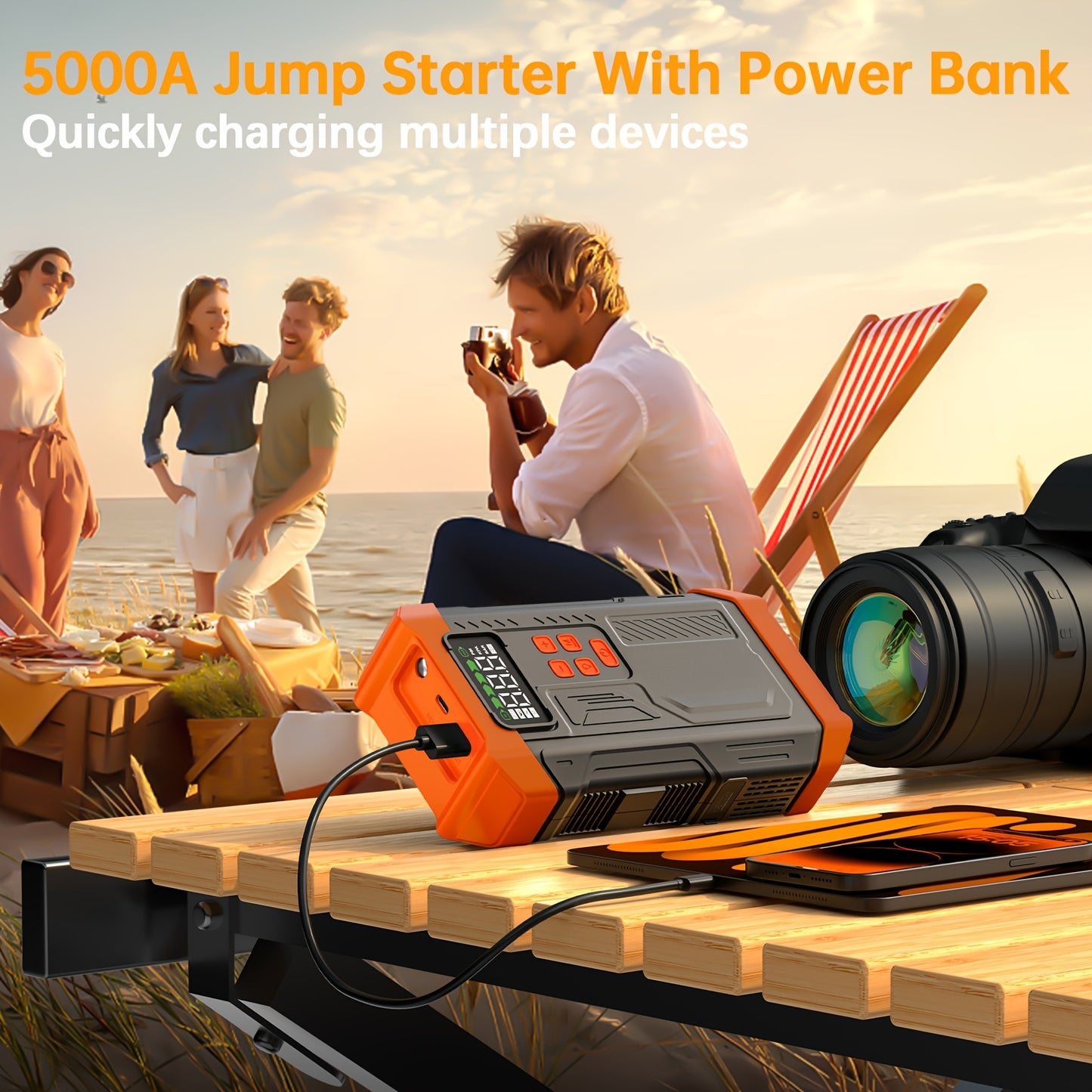 HPBS 5000A Peak Portable Car Jump Starter with Air Compressor - 12V 9.0L Gas/8.0L Diesel Fast Charge, Digital Display, LED Emergency Light, Power Bank & 4 Nozzles for Cars, Trucks, SUVs, Motorcycles, Inflatable Items - Compact Rechargeable Lithium-Polymer