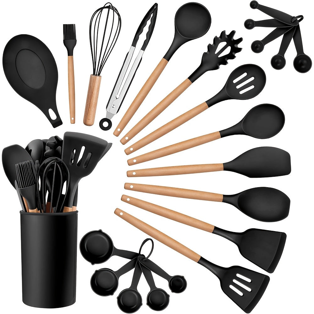 23 pcs Silicone Utensil Set, Kitchen Utensil Set, Safety Cooking Utensils Set, Non-Stick Cooking Utensils Set with Wooden Handle, Washable Modern Cookware, Kitchen Stuff, Kitchen Gadgets, Kitchen Essentials, Cookware Kitchen Set, Ideal for Christmas