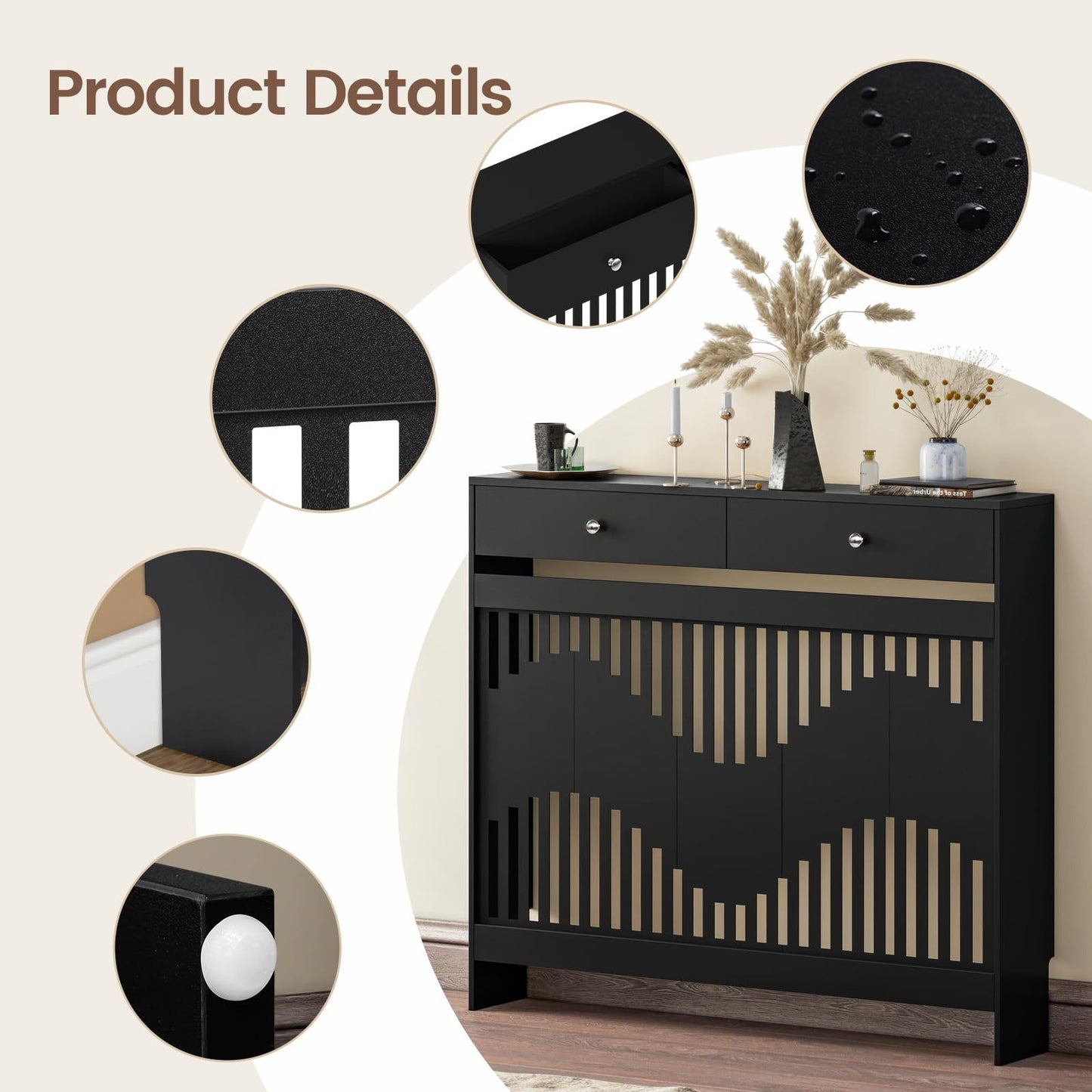 Modern White MDF Wood Radiator Cover with Drawers - Contemporary Style, Great Choice for Living Room, Bedroom, Hallway, Suitable for Placing Decorative Items and Storing Small Objects.