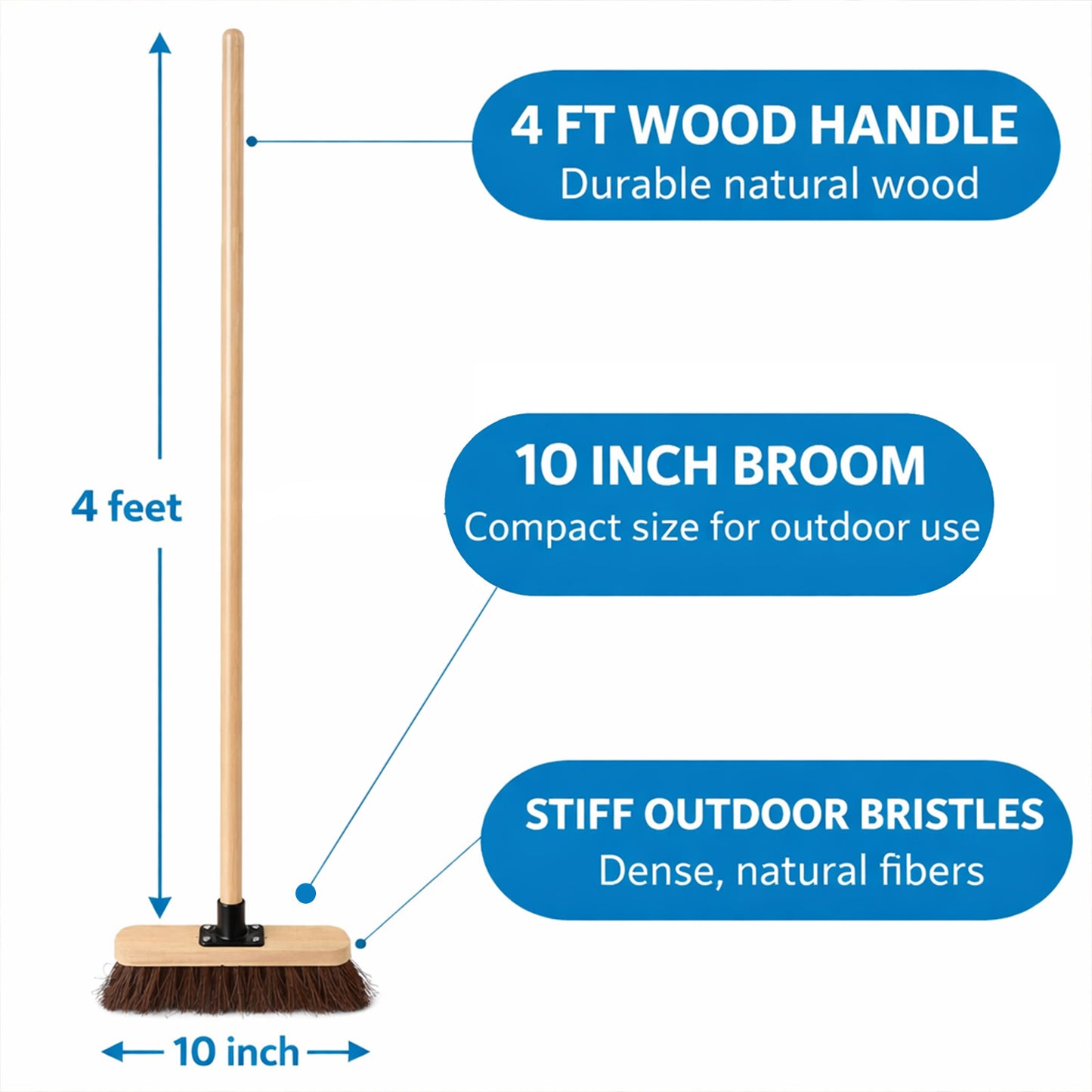 10' Outdoor Yard Broom Stiff Bristle Sweeping Brush with Strong Wooden Handle and Support Bracket for Cleaning Patio Driveway Garden and Yard Areas