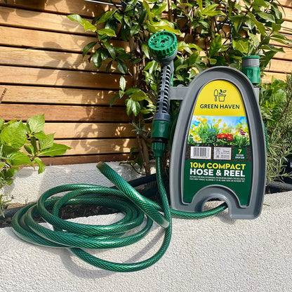 10m Garden Hose Pipe Reel with Spray Nozzle, Compact Portable Hose Reel Set with Fittings, Lightweight Mini Water Hosepipe for Balcony, Small Garden & Outdoor Cleaning Use
