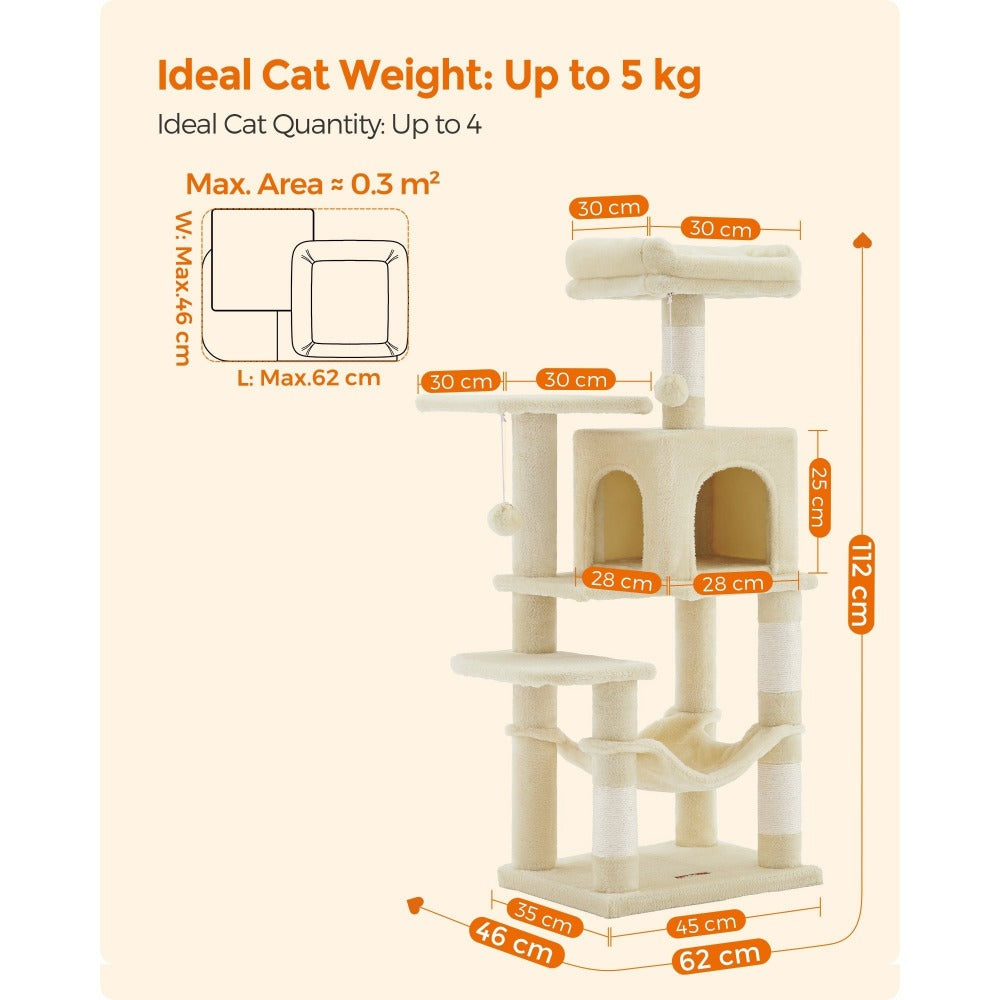112cm Cat Tree Multi-Level Plush Tower Condo with 4 Scratching Posts, Hammock, Cave & Platforms – Stair-Step Design with Hanging Toys | Easy Assembly Indoor Cat Furniture | Pink White Beige Grey | UK