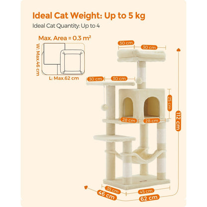 112cm Cat Tree Multi-Level Plush Tower Condo with 4 Scratching Posts, Hammock, Cave & Platforms – Stair-Step Design with Hanging Toys | Easy Assembly Indoor Cat Furniture | Pink White Beige Grey | UK