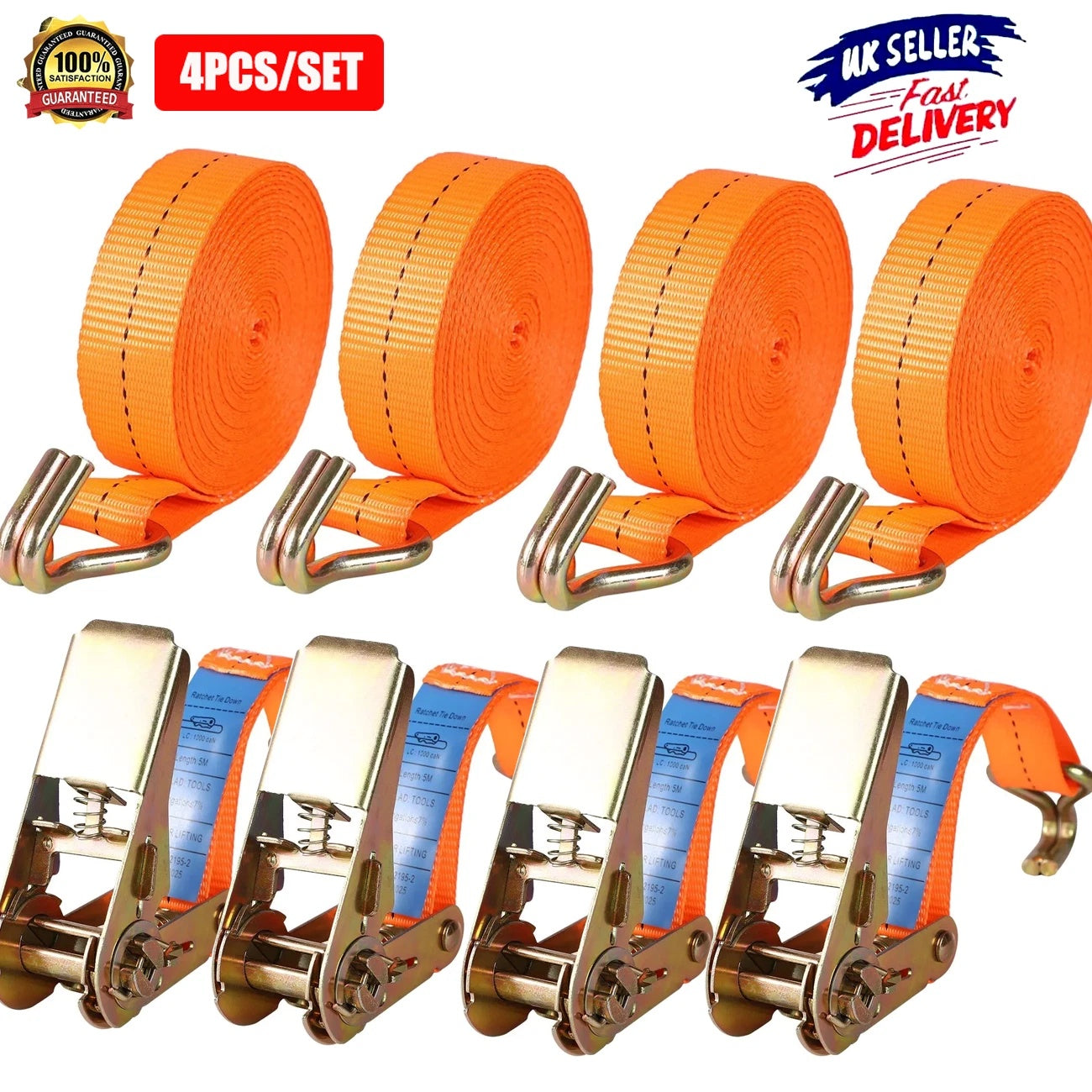 4 Pack Ratchet Tie Down Straps Heavy Duty 5 Meter 25mm Lashing Cargo Luggage Tie Down Strap with Two Hooks