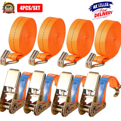 4 Pack Ratchet Tie Down Straps Heavy Duty 5 Meter 25mm Lashing Cargo Luggage Tie Down Strap with Two Hooks