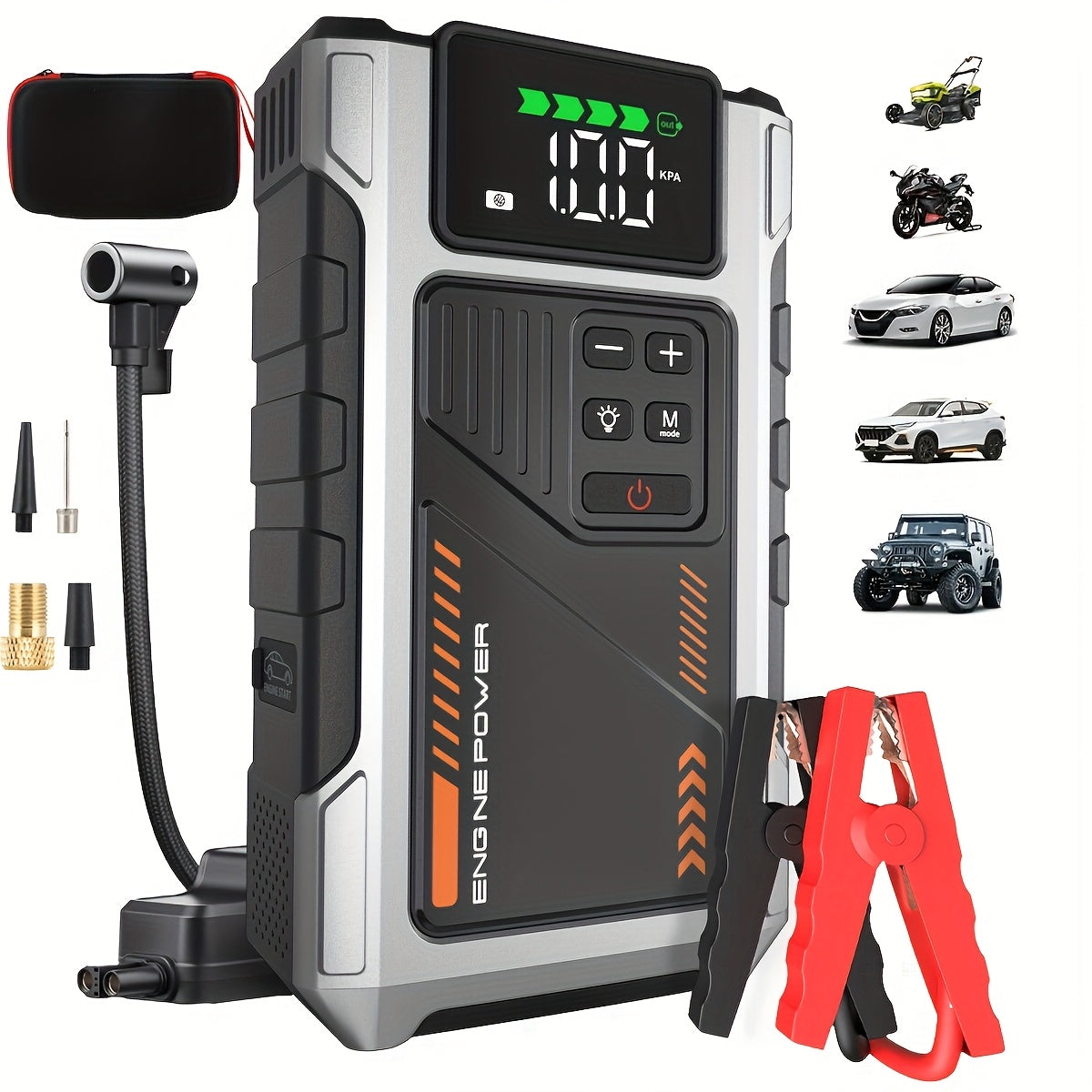12000mAh Jump Starter Power Pack - 6000A Car Battery Booster - 12V Jump Starter with 150PSI Tire Inflator - Portable Air Compressor with LCD Display - Jump Starter Power Bank (1.98gal Gas/1.59gal Diesel) - LED Light