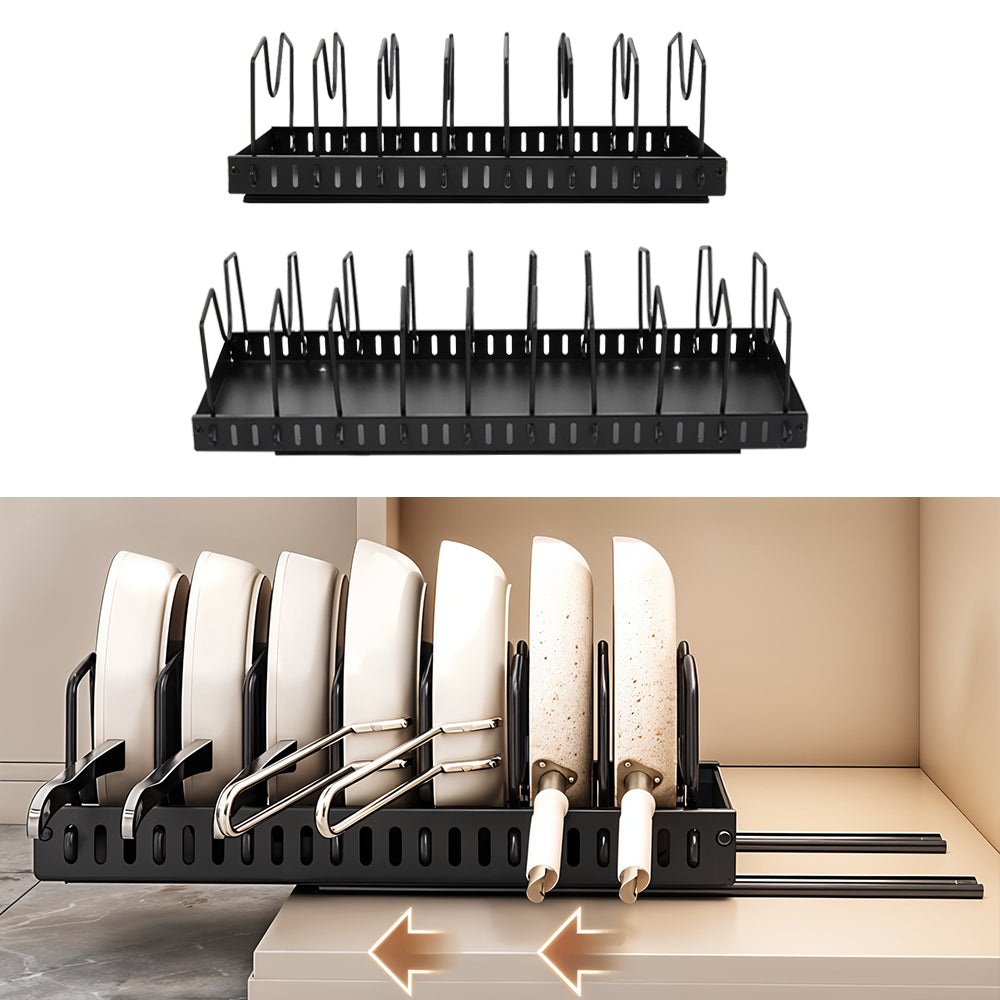 Pull-Out Commercial Utensil Rack, Cabinet Pot Lid Rack, Metal Carbon Steel Pot Lid Organizer, Dish Drying Rack, Pots and Pans Shelf with 8 Dividers/10 Dividers, Cutting Board Pot Storage Rack, Black