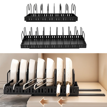 Pull-Out Commercial Utensil Rack, Cabinet Pot Lid Rack, Metal Carbon Steel Pot Lid Organizer, Dish Drying Rack, Pots and Pans Shelf with 8 Dividers/10 Dividers, Cutting Board Pot Storage Rack, Black