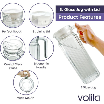 Fridge Jug Glass Water Jug with Lid - Clear Water Pitcher with Ribbed Glass Design & Handle for Fridge Shelf & Everyday - Juices, Pimms & Picnics