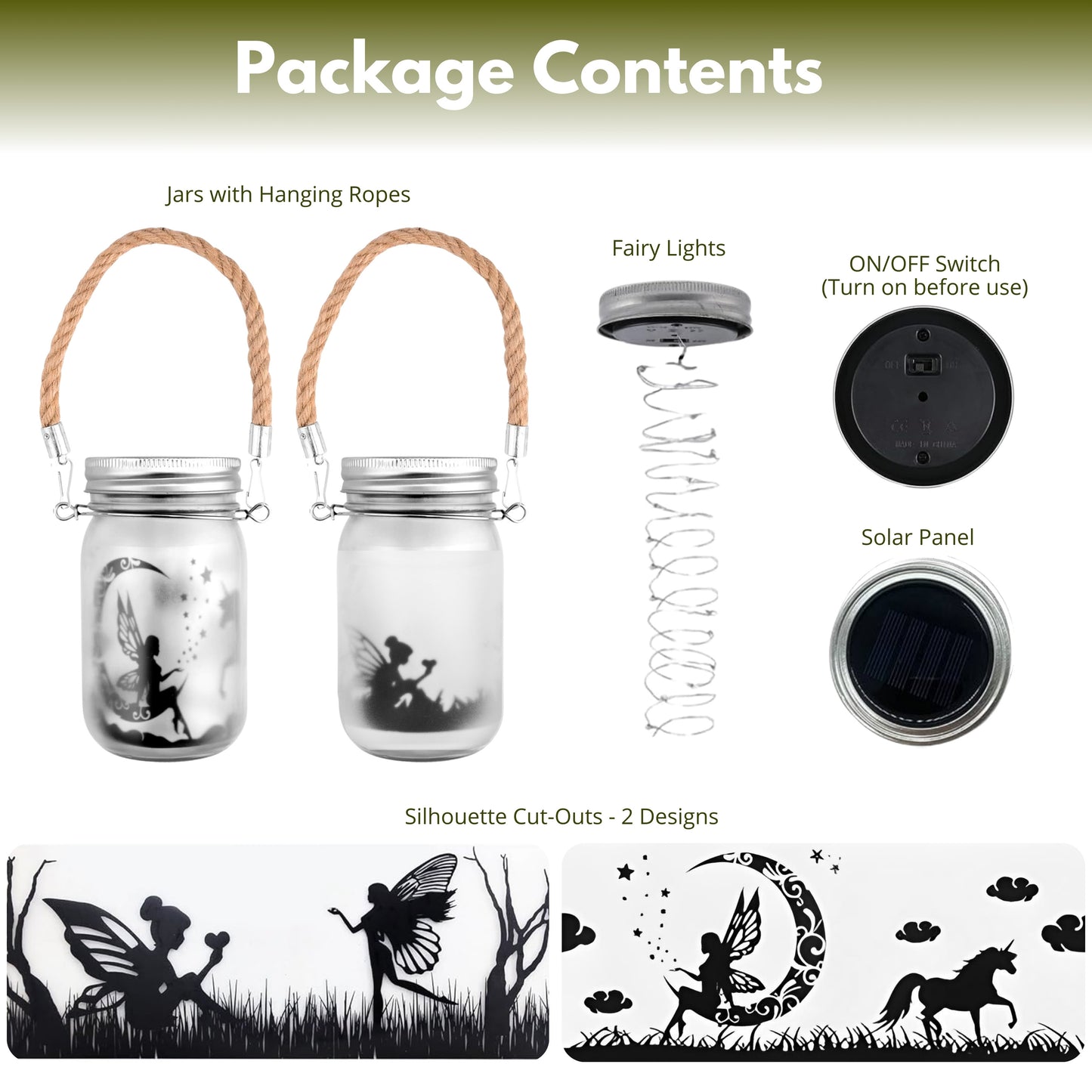 Garden Mile Solar Fairy Jar Lights Set of 2 – Hanging Solar Lantern Mason Jar Lights with Fairy Silhouette Designs, Outdoor Garden Solar Lights with Rope Handle, Decorative Fairy Garden Lanterns, 13cm