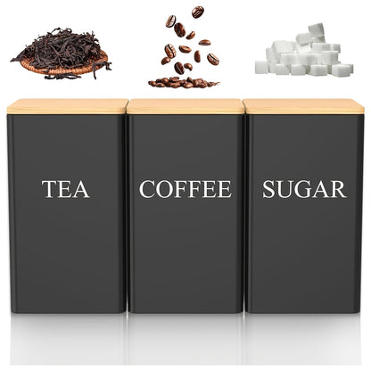 3pcs Coffee And Tea Sugar Set, Metal Tea And Coffee Canisters, 1400Ml, with Bamboo Lids, Black Kitchen Canisters for Countertop Storage (Black)