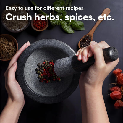 H&S Pestle and Mortar Set Premium Solid Granite Stone Large Black - 16cm (6.3in) Diameter