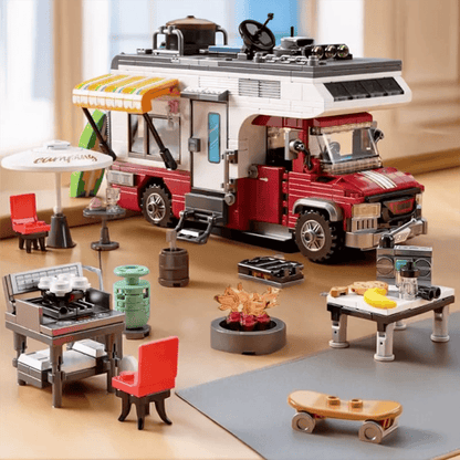 Camper Van Building Blocks Toy, Street View Series Building Blocks, Decompression Assembly Model, Desktop Decoration Ornament, With Built-In Light Up Components, Rich Camping Scene Accessories, Highly Restored Detailed Appearance, No Stuck During Assembly