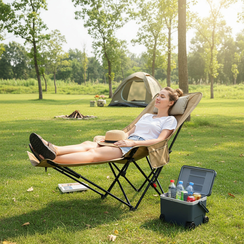 Portable High-Back Moon Chair (Three-Position Adjustment) Seat or Recline, Side Storage Pocket,Foldable Outdoor Chair Camping Picnic Lounger, Midday Rest Fishing Chair, Garden Seat Three Colours Available (Complimentary Storage Bag)