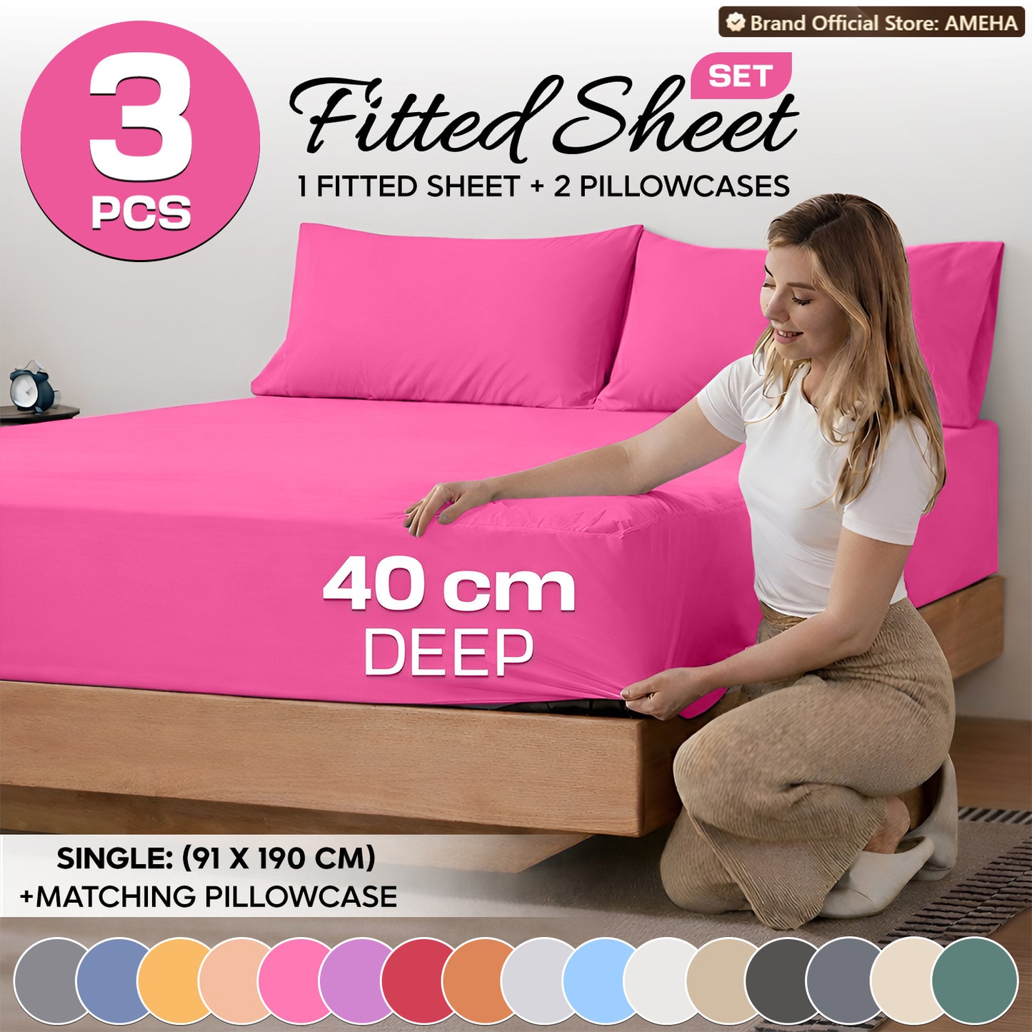 3pcs 40cm Extra Deep Fitted Sheet – Solid Color Soft & Comfortable Bed Sheet with 2pcs Matching Pillowcases, Breathable Fabric Soft Brushed Microfiber Bedding, Machine Washable for Home Bedroom, Hotel